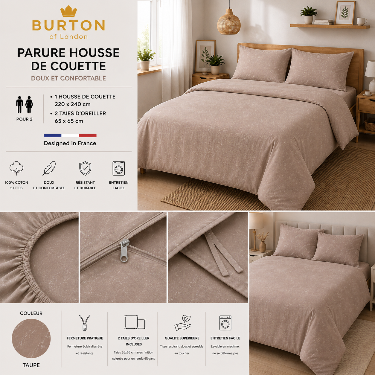 Parure Housse de Couette 2 Personnes Burton of London - Douce, Légère et Confortable