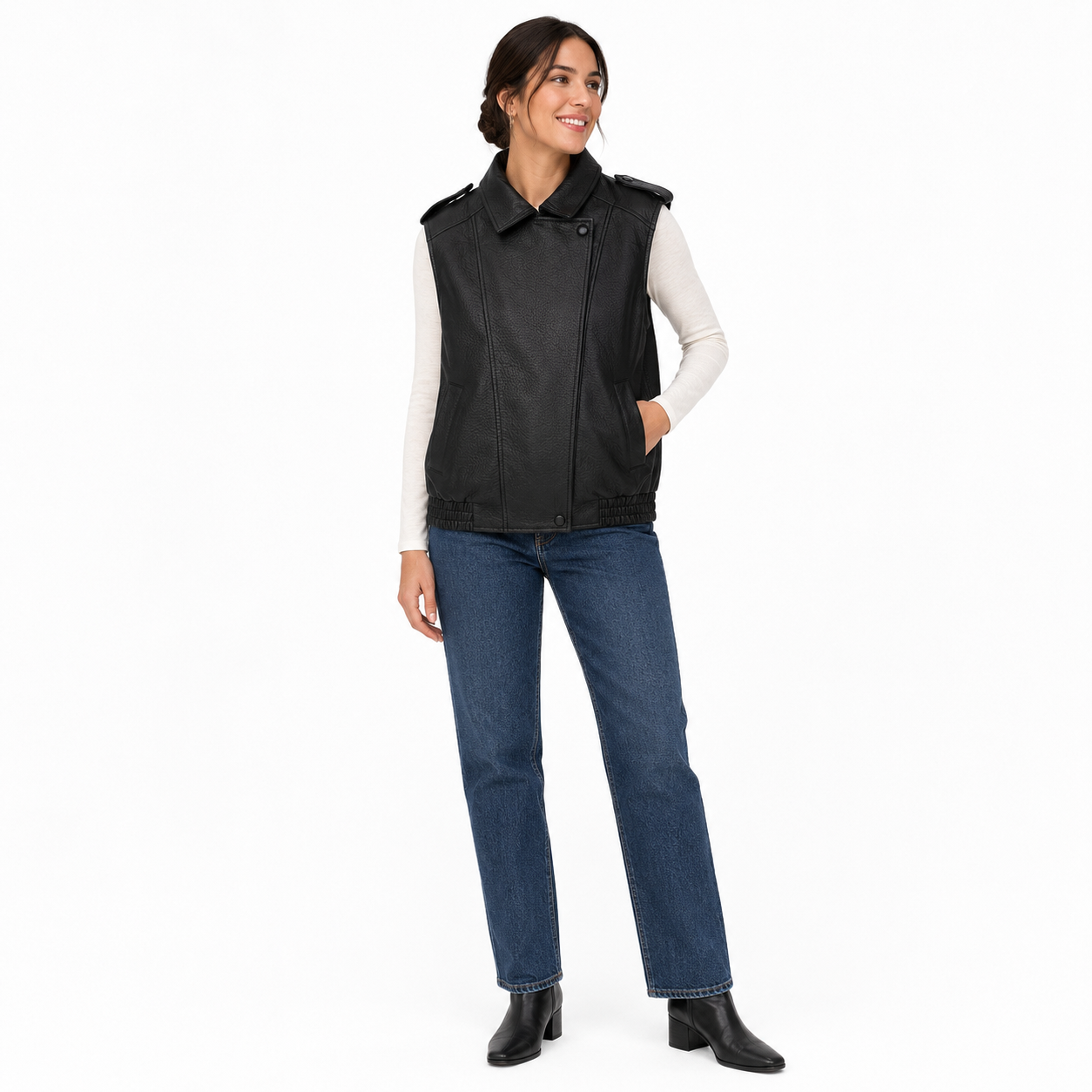 Gilet Motard Sans Manches en Similicuir Grainé