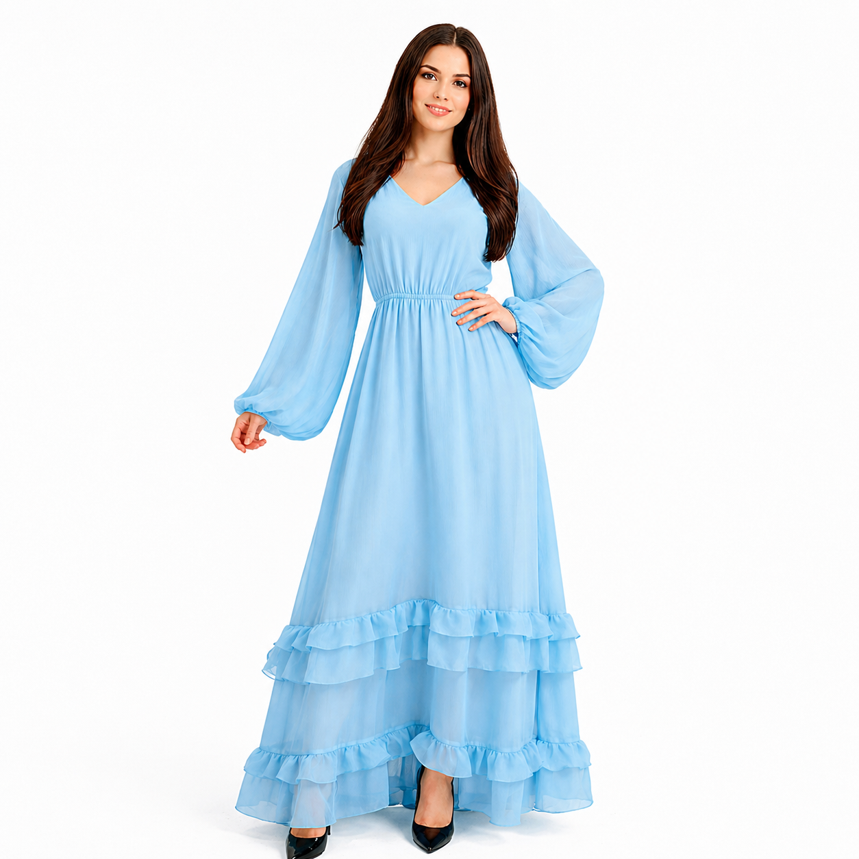 Langes, fließendes Kleid mit weiten Ärmeln für Damen – eleganter Schnitt – leichter Stoff – Frühjahr/Sommer Kollektion – verschiedene Farben