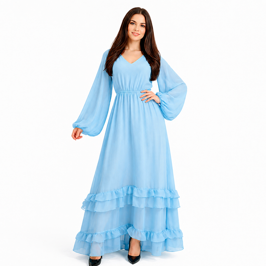 Langes, fließendes Kleid mit weiten Ärmeln für Damen – eleganter Schnitt – leichter Stoff – Frühjahr/Sommer Kollektion – verschiedene Farben