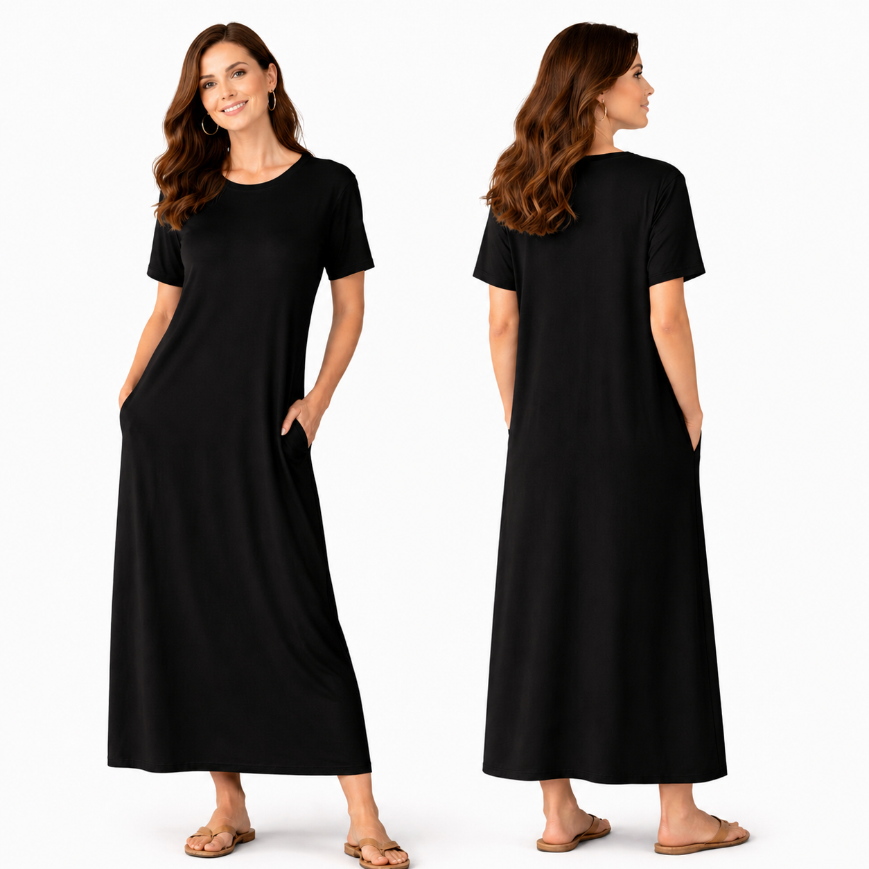 Robe Longue Fluide Femme – Coupe Oversize Confort – Manches Courtes – Poches Invisibles – Style Casual Chic