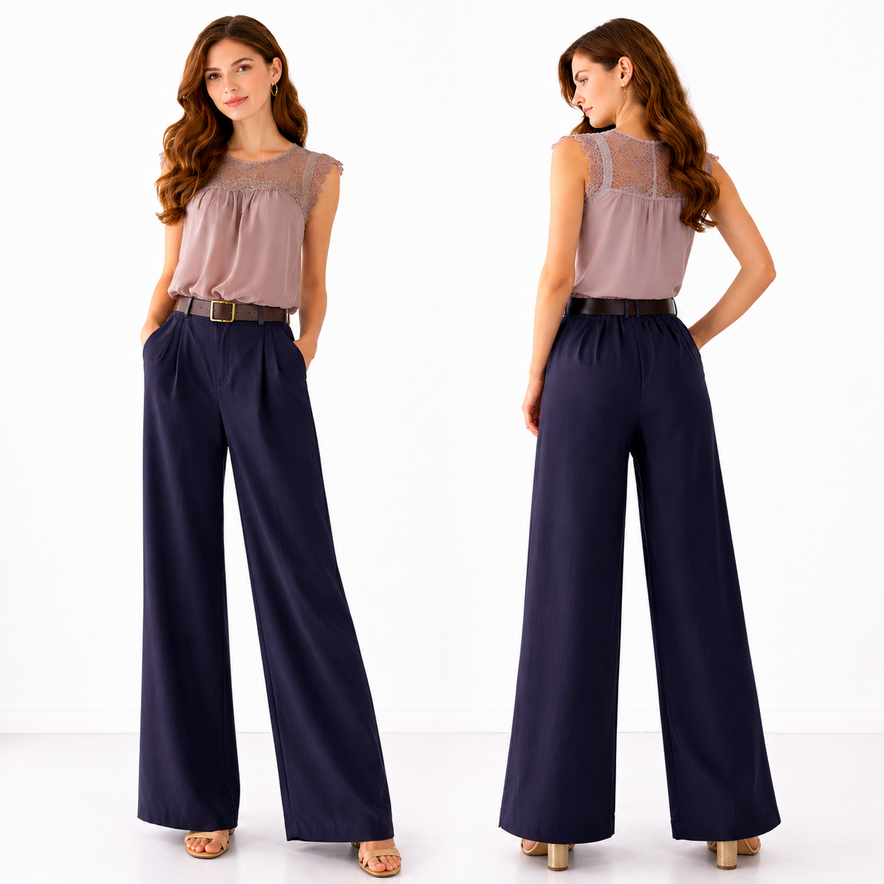 Pantalon large taille haute avec ceinture – coupe fluide élégante – taille unique