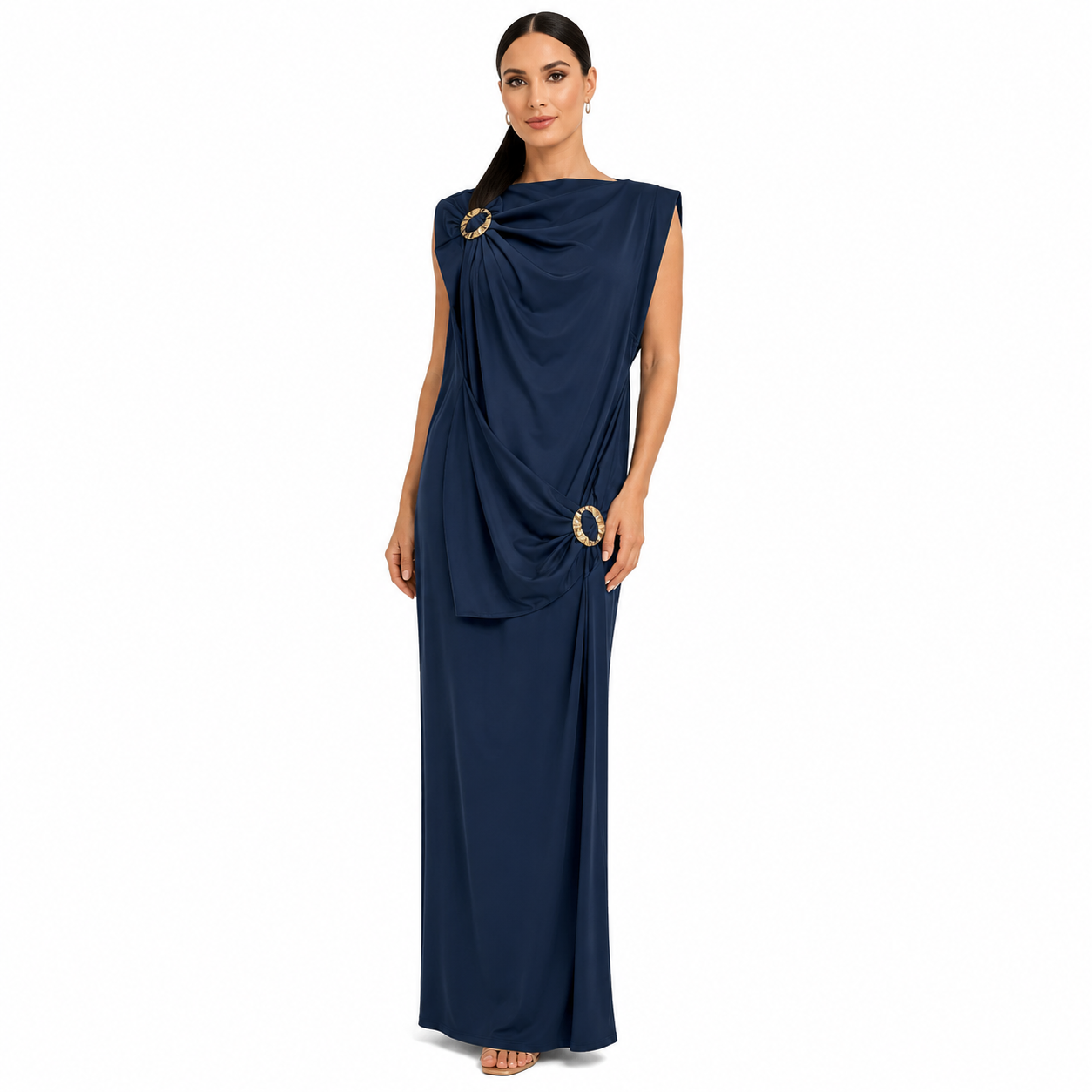 Robe longue drapée élégante avec boucles dorées – Coupe fluide chic – Taille Unique