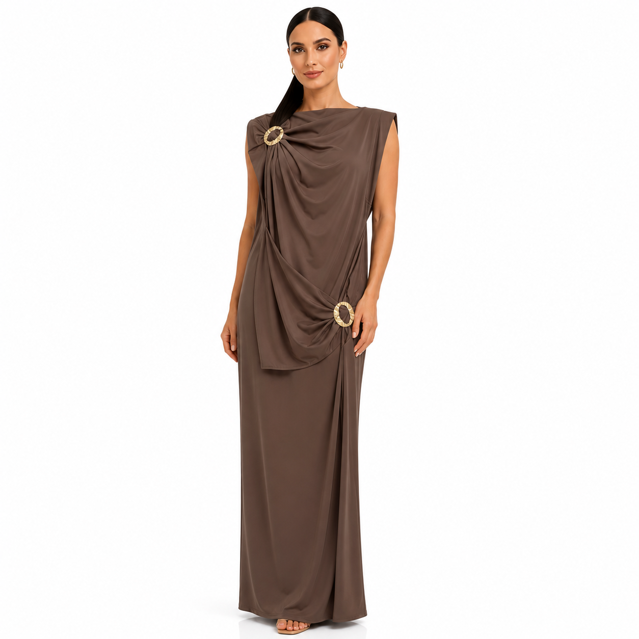 Robe longue drapée élégante avec boucles dorées – Coupe fluide chic – Taille Unique