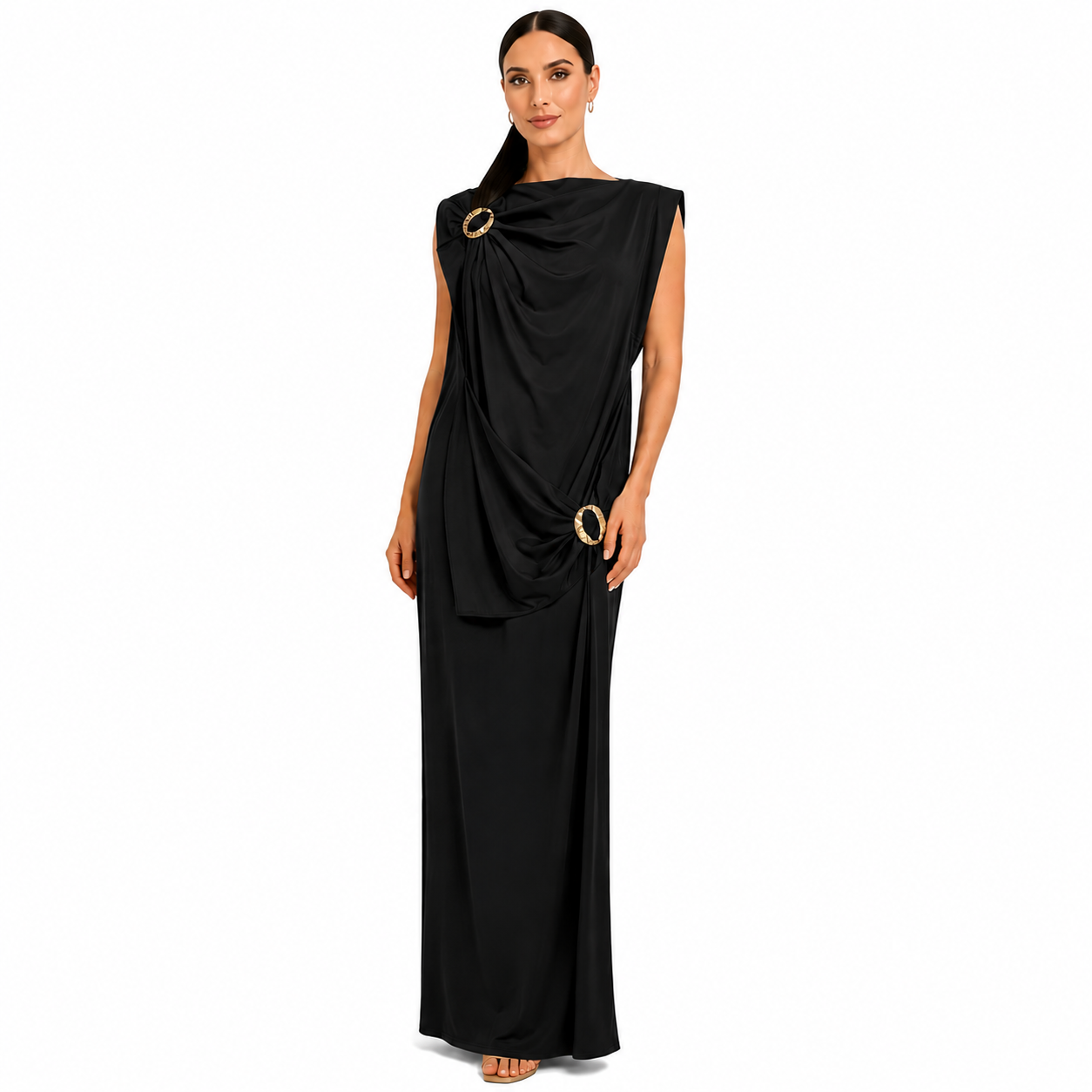 Robe longue drapée élégante avec boucles dorées – Coupe fluide chic – Taille Unique