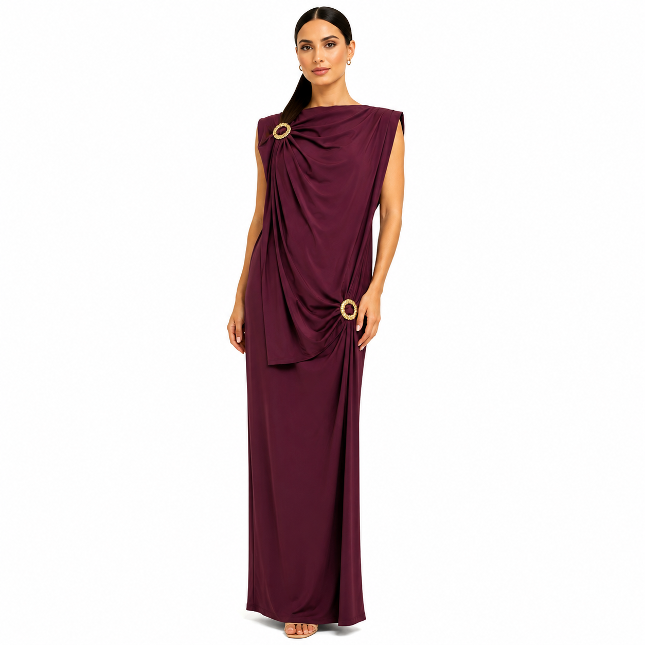 Robe longue drapée élégante avec boucles dorées – Coupe fluide chic – Taille Unique