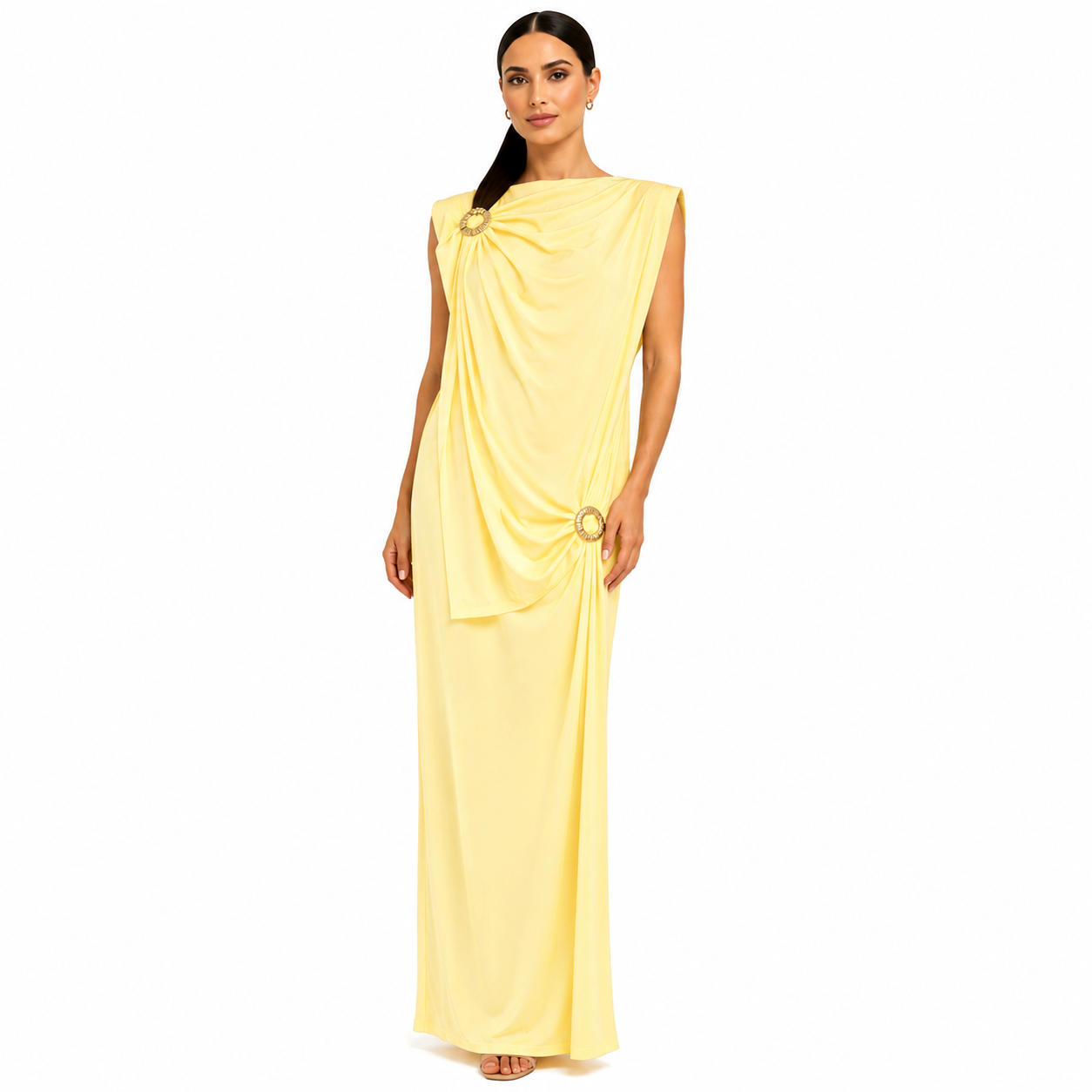 Robe longue drapée élégante avec boucles dorées – Coupe fluide chic – Taille Unique