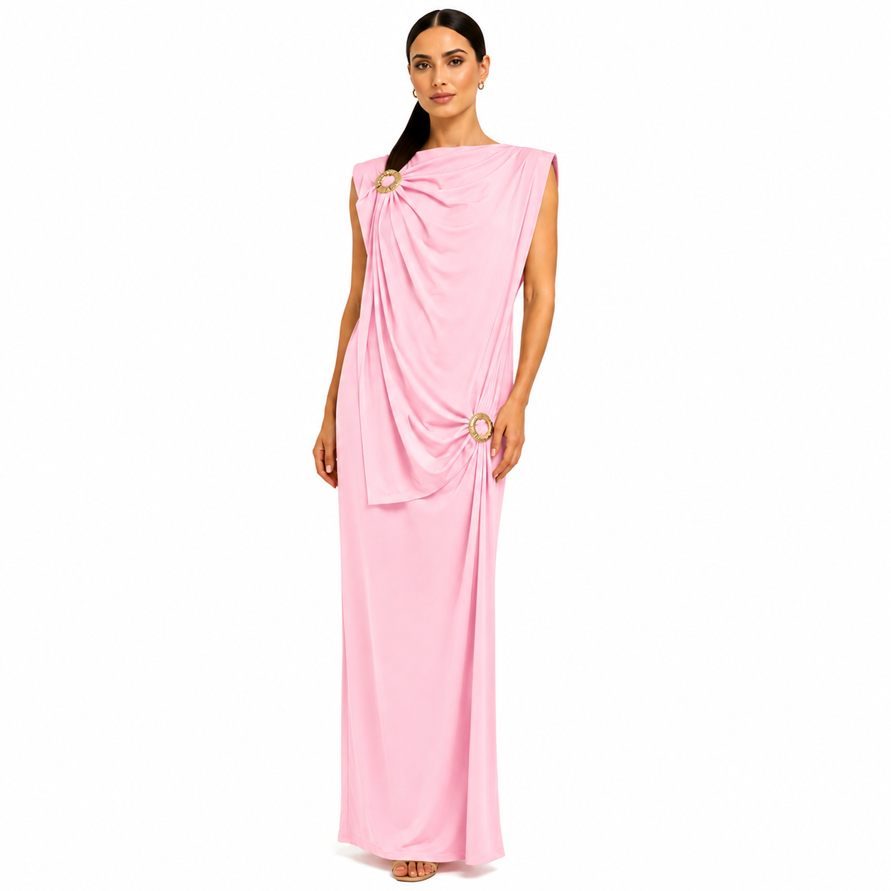 Robe longue drapée élégante avec boucles dorées – Coupe fluide chic – Taille Unique