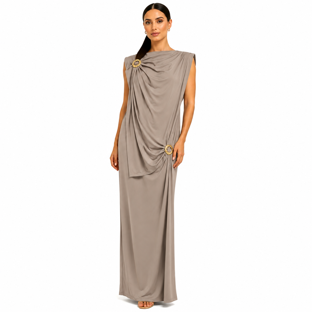 Robe longue drapée élégante avec boucles dorées – Coupe fluide chic – Taille Unique