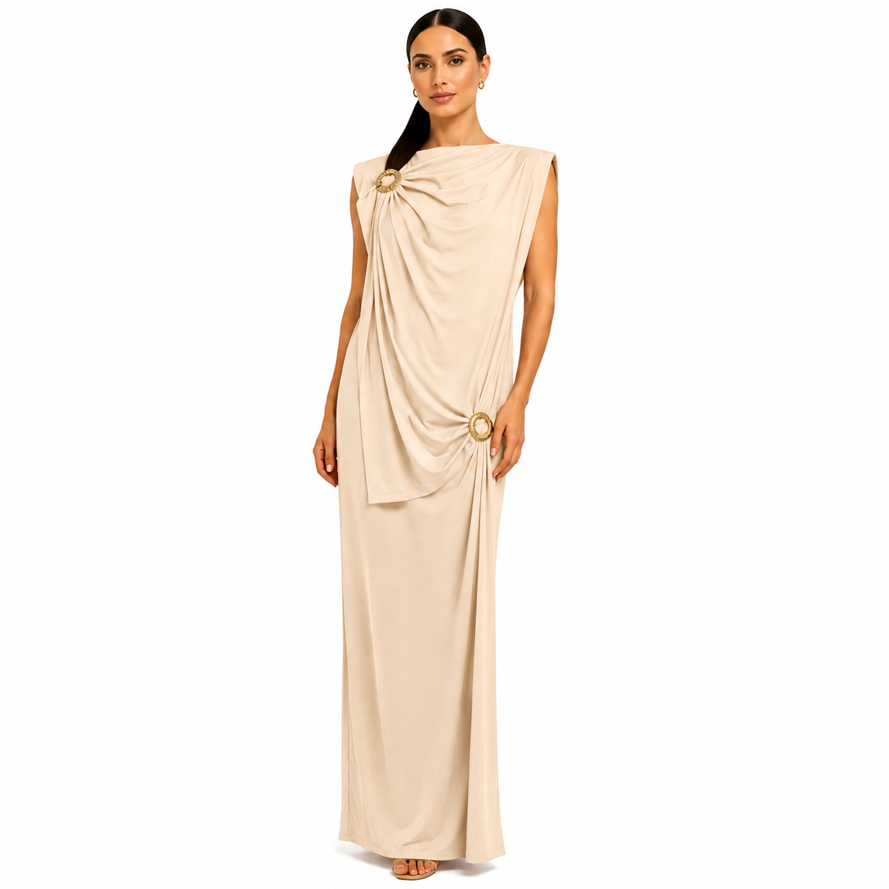 Robe longue drapée élégante avec boucles dorées – Coupe fluide chic – Taille Unique