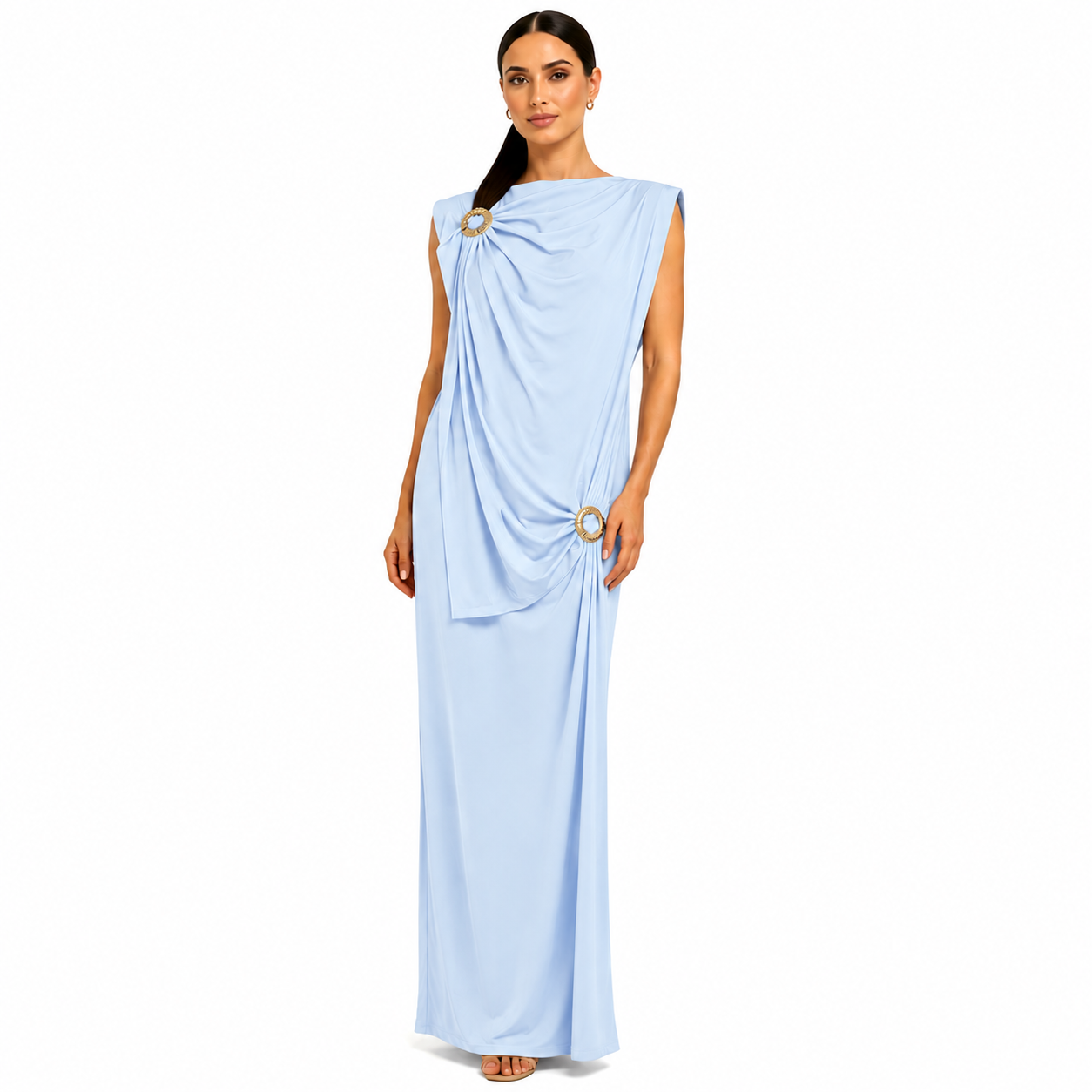 Robe longue drapée élégante avec boucles dorées – Coupe fluide chic – Taille Unique