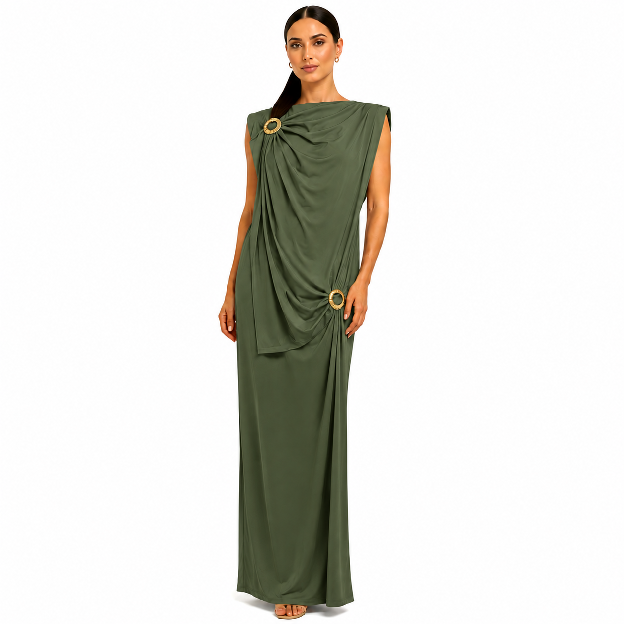 Robe longue drapée élégante avec boucles dorées – Coupe fluide chic – Taille Unique