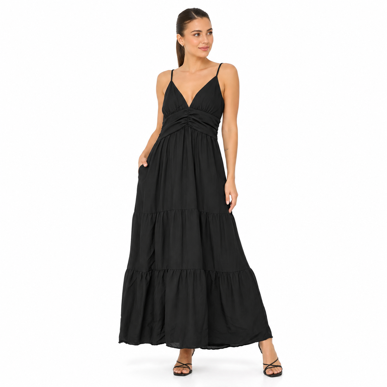 Robe Longue Femme Fluide à Bretelles – Col V, Taille Froncée, Robe d'Été Élégante avec Poches