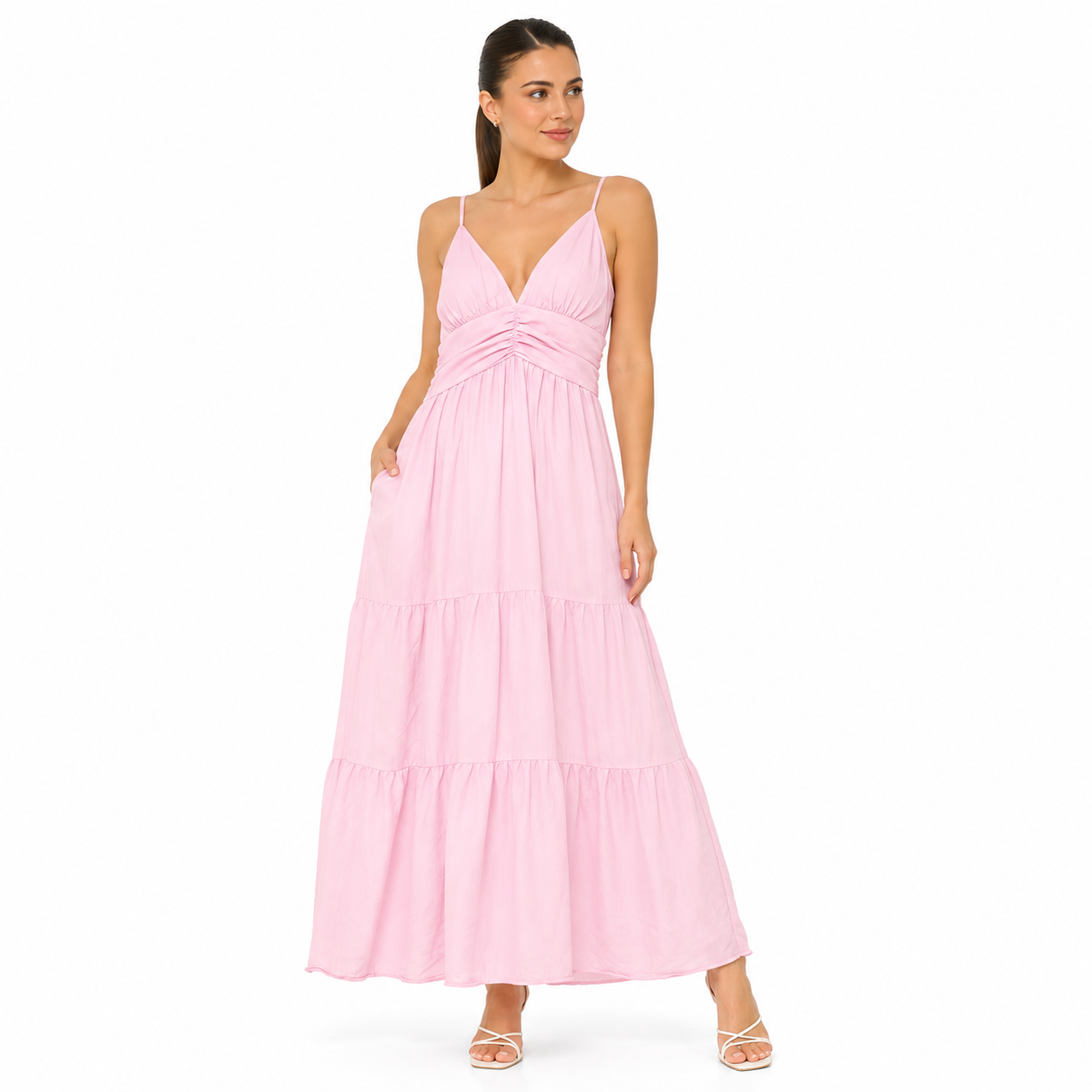 Robe Longue Femme Fluide à Bretelles – Col V, Taille Froncée, Robe d'Été Élégante avec Poches
