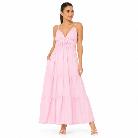 Robe Longue Femme Fluide à Bretelles – Col V, Taille Froncée, Robe d'Été Élégante avec Poches