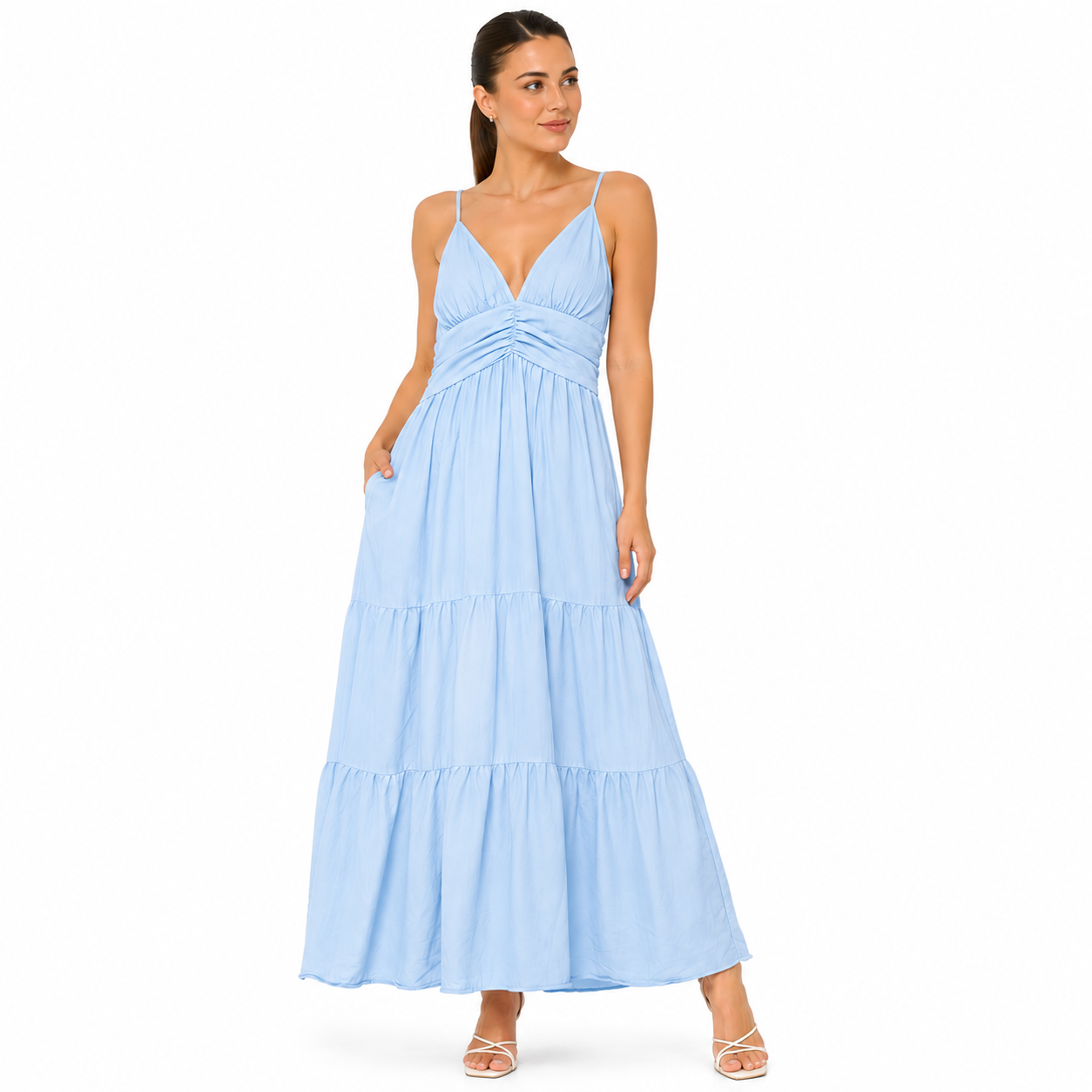 Robe Longue Femme Fluide à Bretelles – Col V, Taille Froncée, Robe d'Été Élégante avec Poches