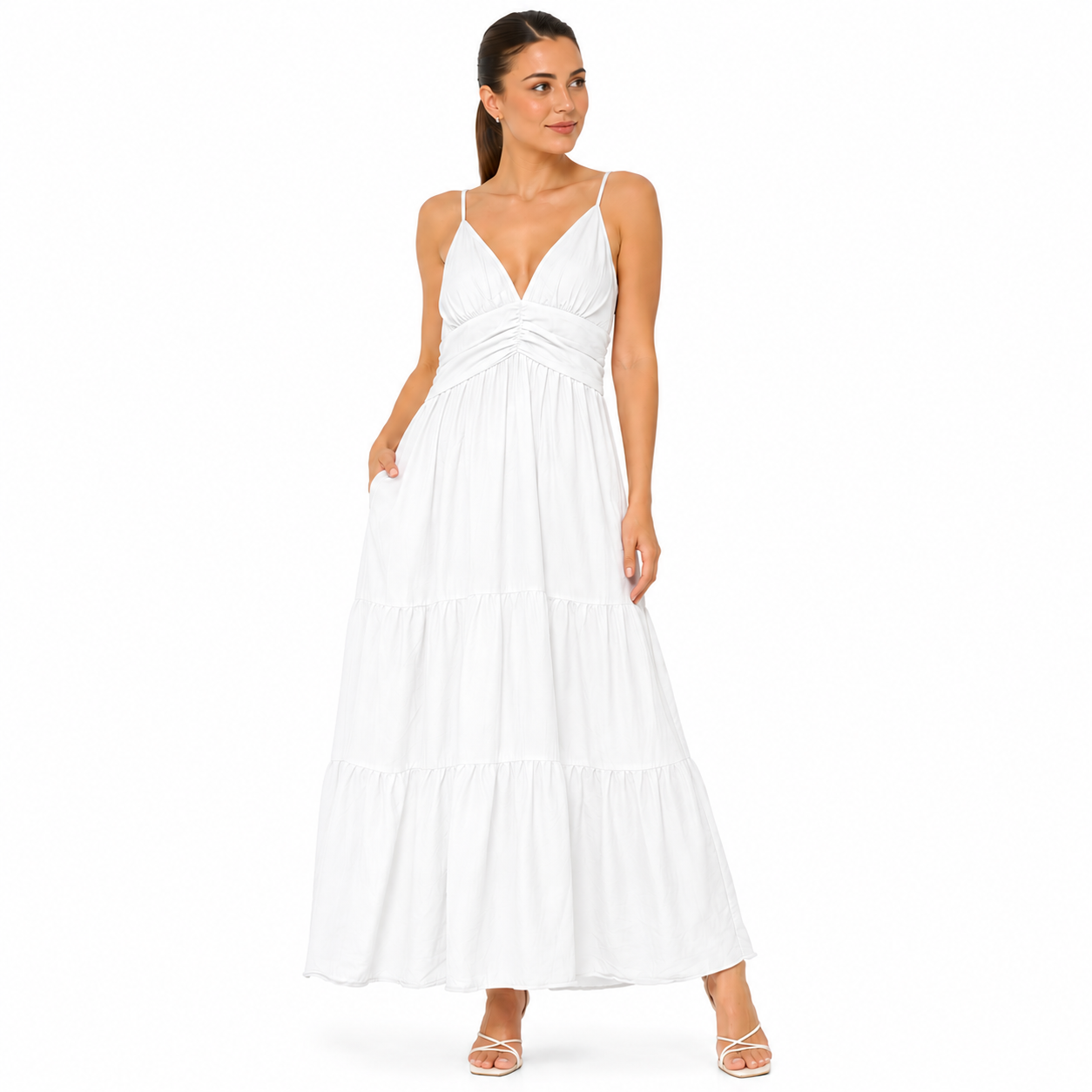 Robe Longue Femme Fluide à Bretelles – Col V, Taille Froncée, Robe d'Été Élégante avec Poches