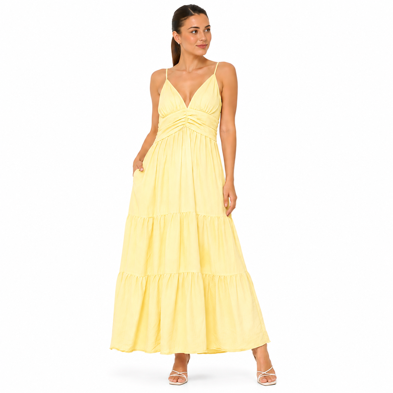 Robe Longue Femme Fluide à Bretelles – Col V, Taille Froncée, Robe d'Été Élégante avec Poches