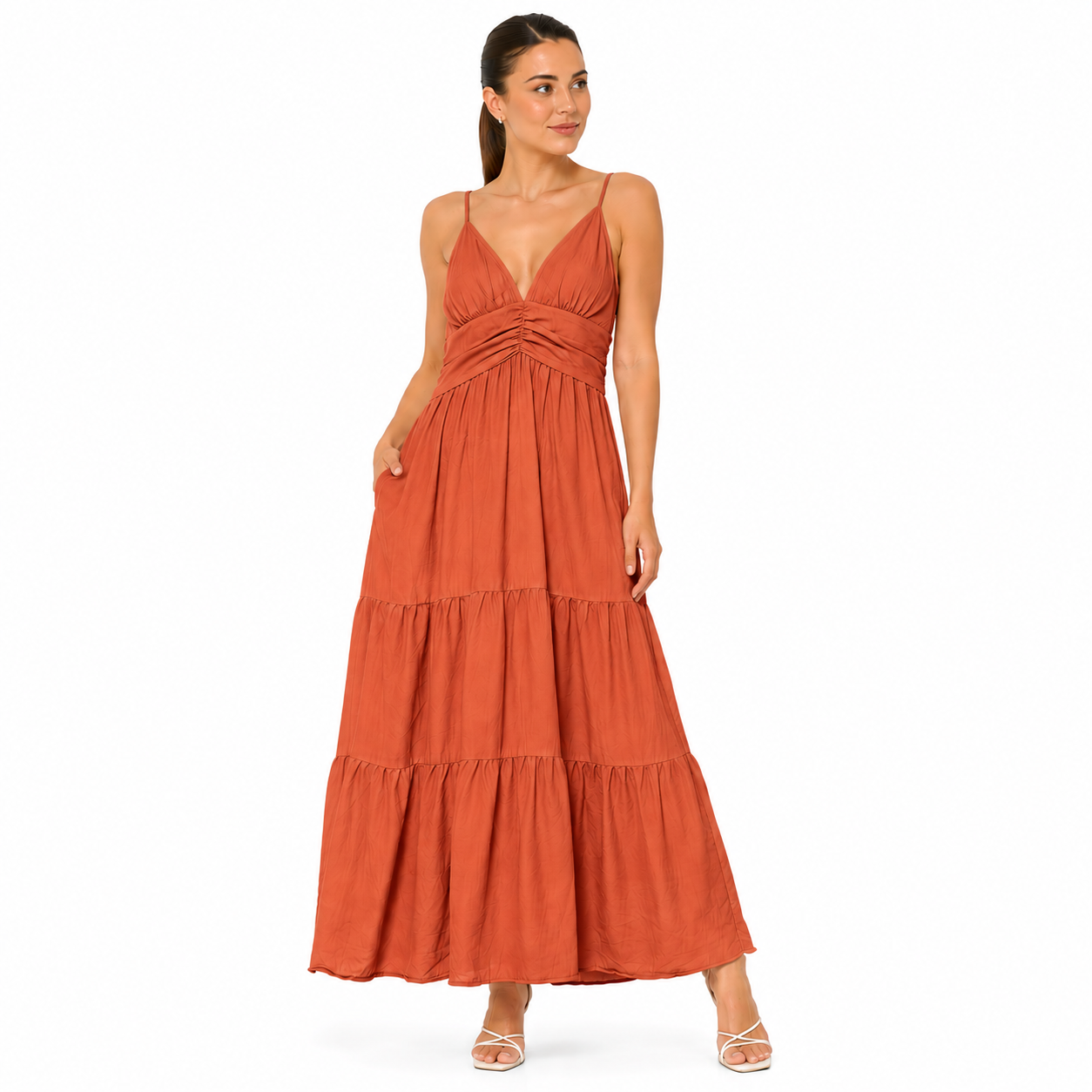 Robe Longue Femme Fluide à Bretelles – Col V, Taille Froncée, Robe d'Été Élégante avec Poches