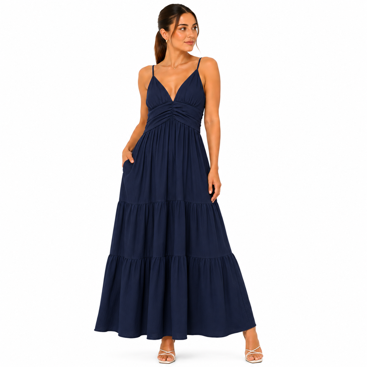 Robe Longue Femme Fluide à Bretelles – Col V, Taille Froncée, Robe d'Été Élégante avec Poches