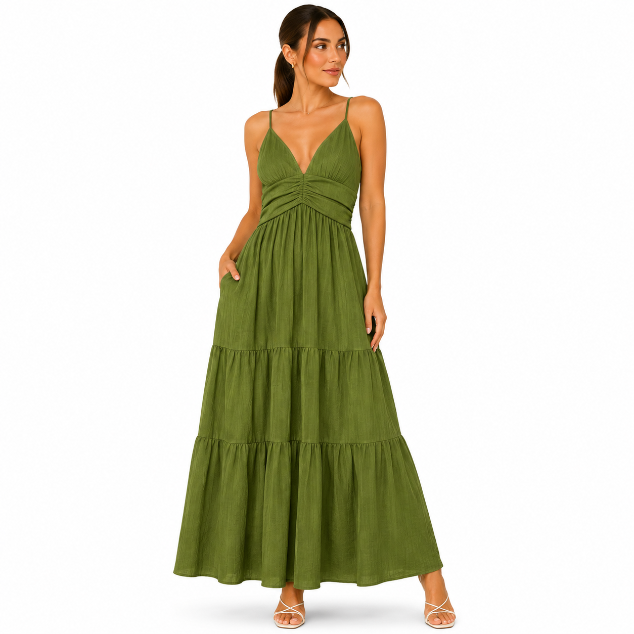 Robe Longue Femme Fluide à Bretelles – Col V, Taille Froncée, Robe d'Été Élégante avec Poches