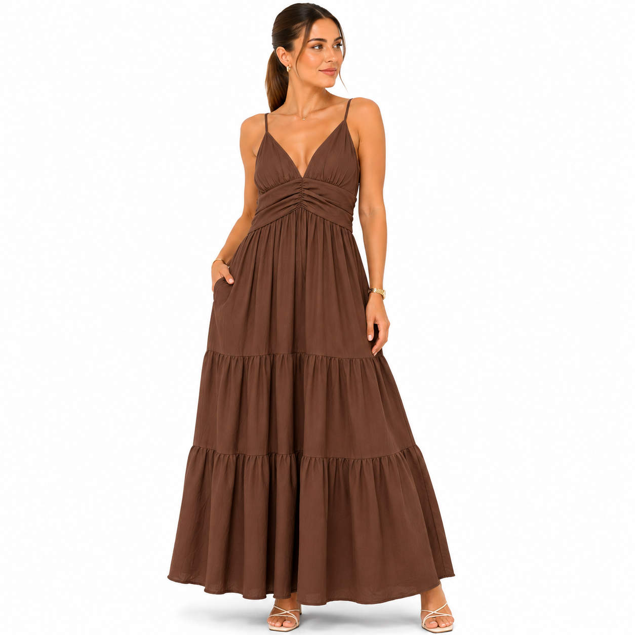 Robe Longue Femme Fluide à Bretelles – Col V, Taille Froncée, Robe d'Été Élégante avec Poches