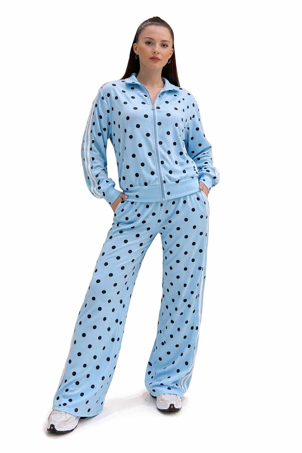 Ensemble Femme Jogging Pois – Veste Zip + Pantalon Large Confort Chic Streetwear