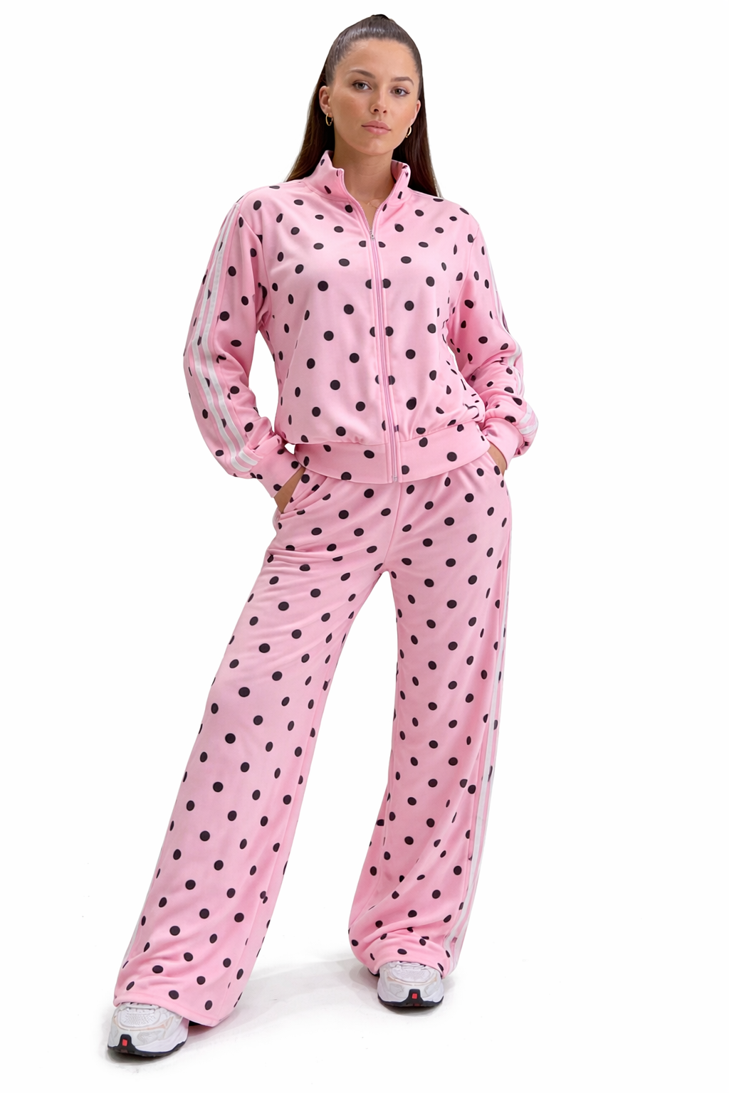 Ensemble Femme Jogging Pois – Veste Zip + Pantalon Large Confort Chic Streetwear