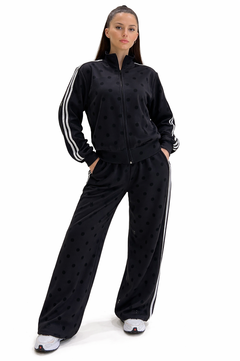 Ensemble Femme Jogging Pois – Veste Zip + Pantalon Large Confort Chic Streetwear