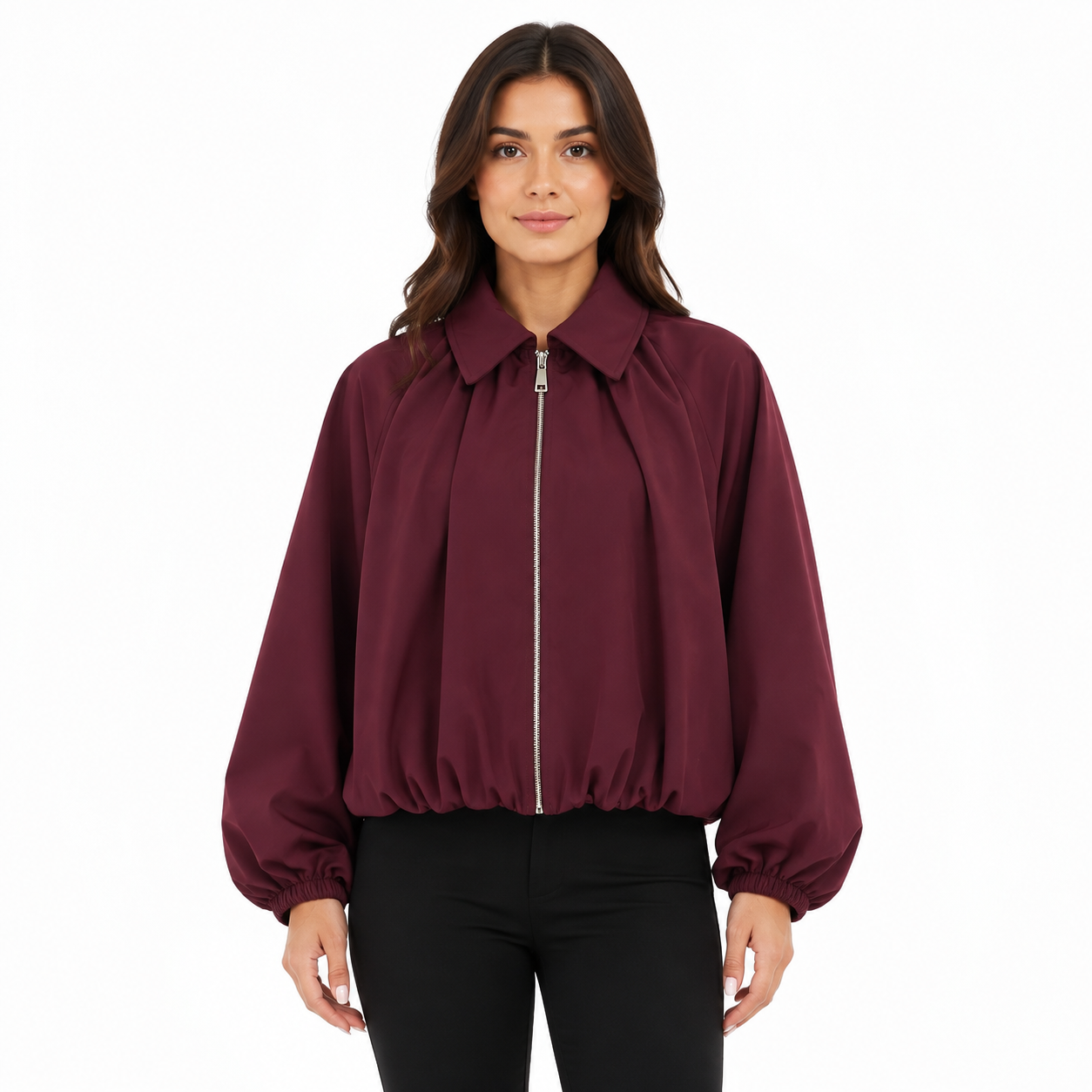 Veste Bomber Courte Femme Zippée à Manches Ballon et Poches