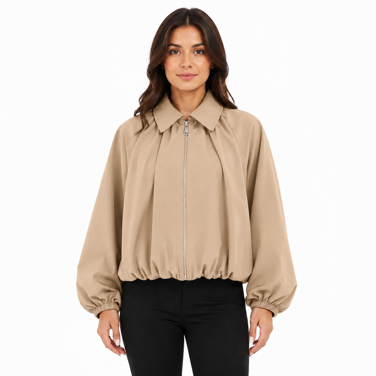 Veste Bomber Courte Femme Zippée à Manches Ballon et Poches