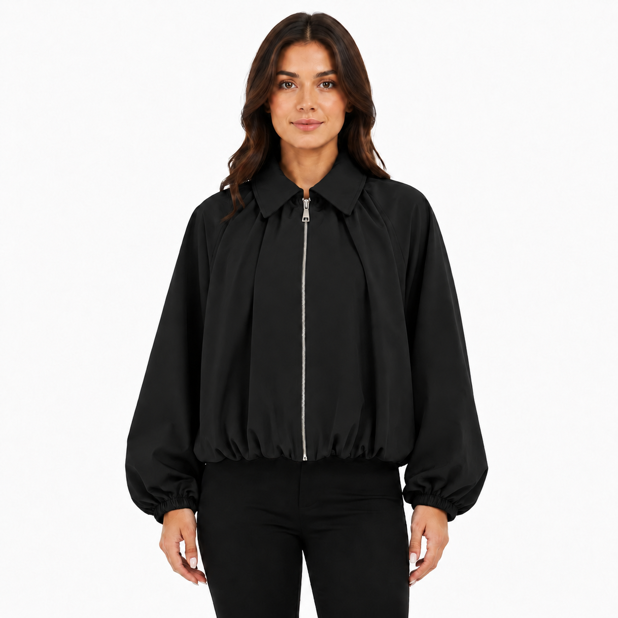 Veste Bomber Courte Femme Zippée à Manches Ballon et Poches