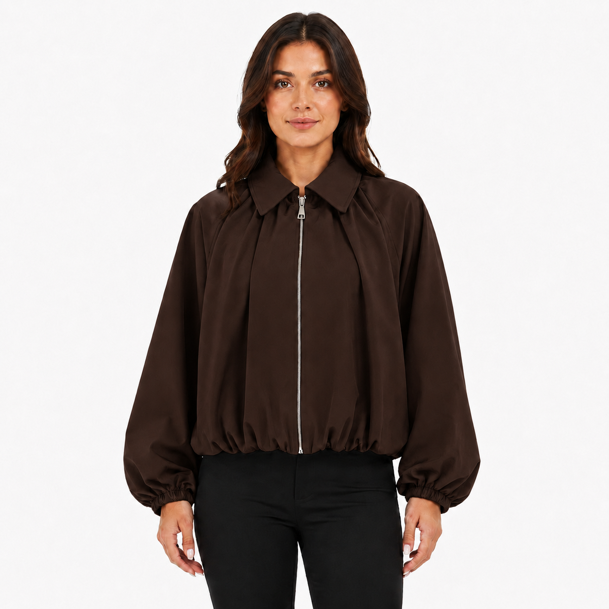 Veste Bomber Courte Femme Zippée à Manches Ballon et Poches