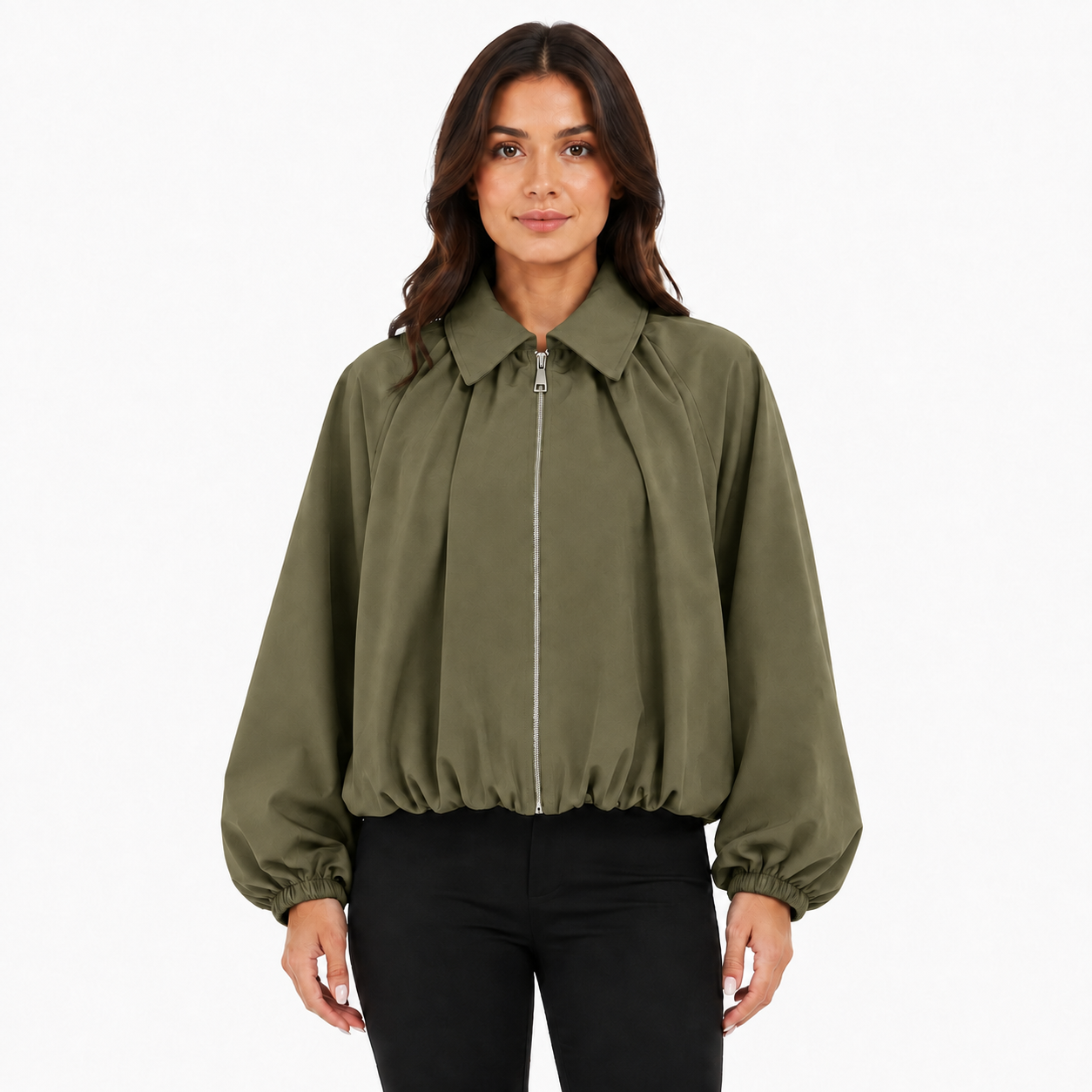 Veste Bomber Courte Femme Zippée à Manches Ballon et Poches