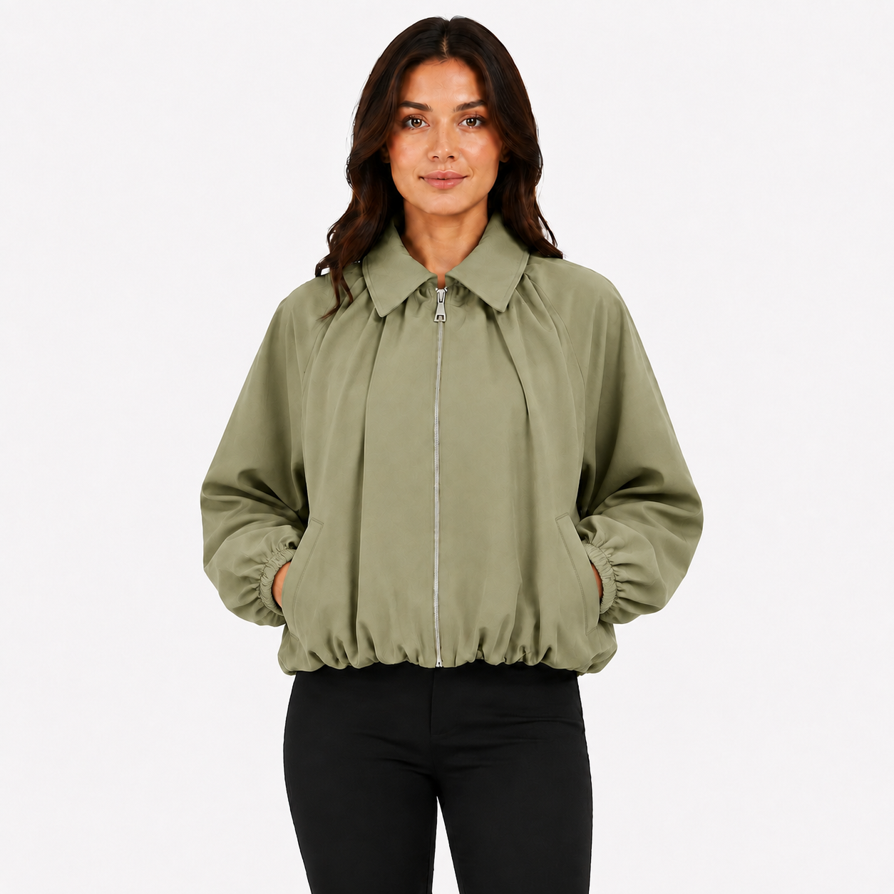 Veste Bomber Courte Femme Zippée à Manches Ballon et Poches