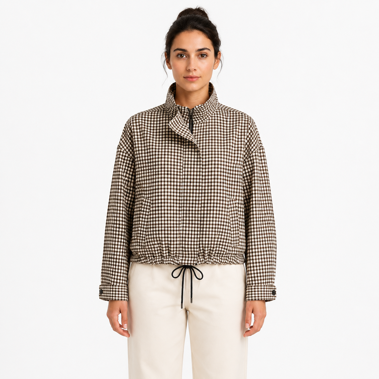 Veste légère femme à carreaux avec col montant