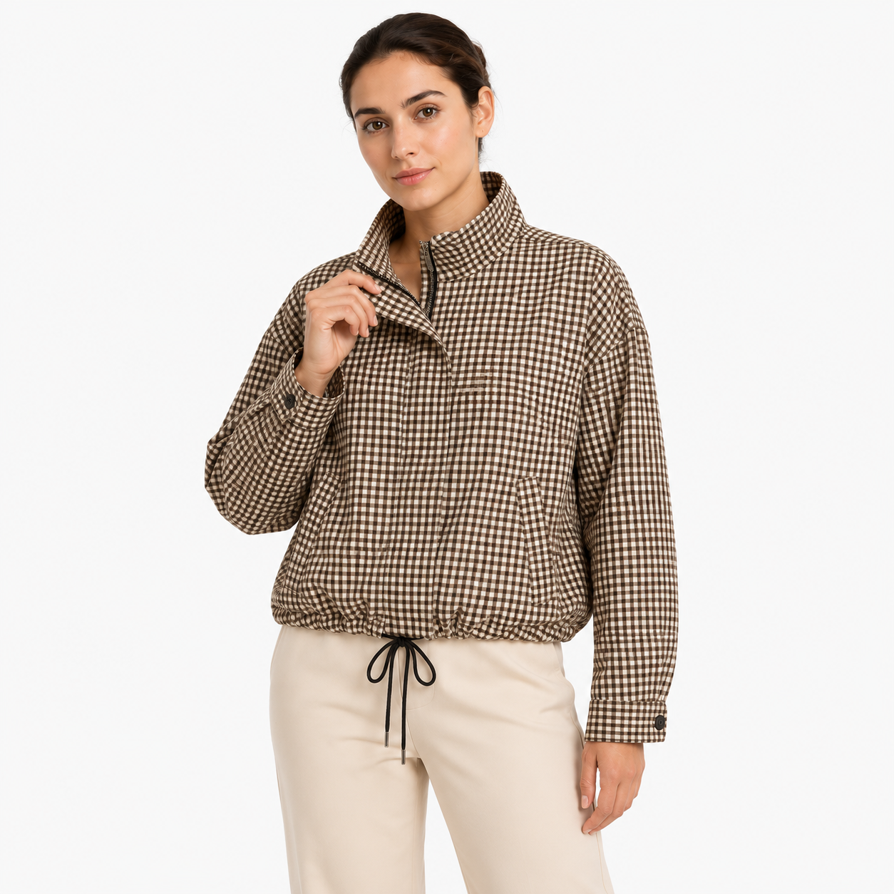 Veste légère femme à carreaux avec col montant