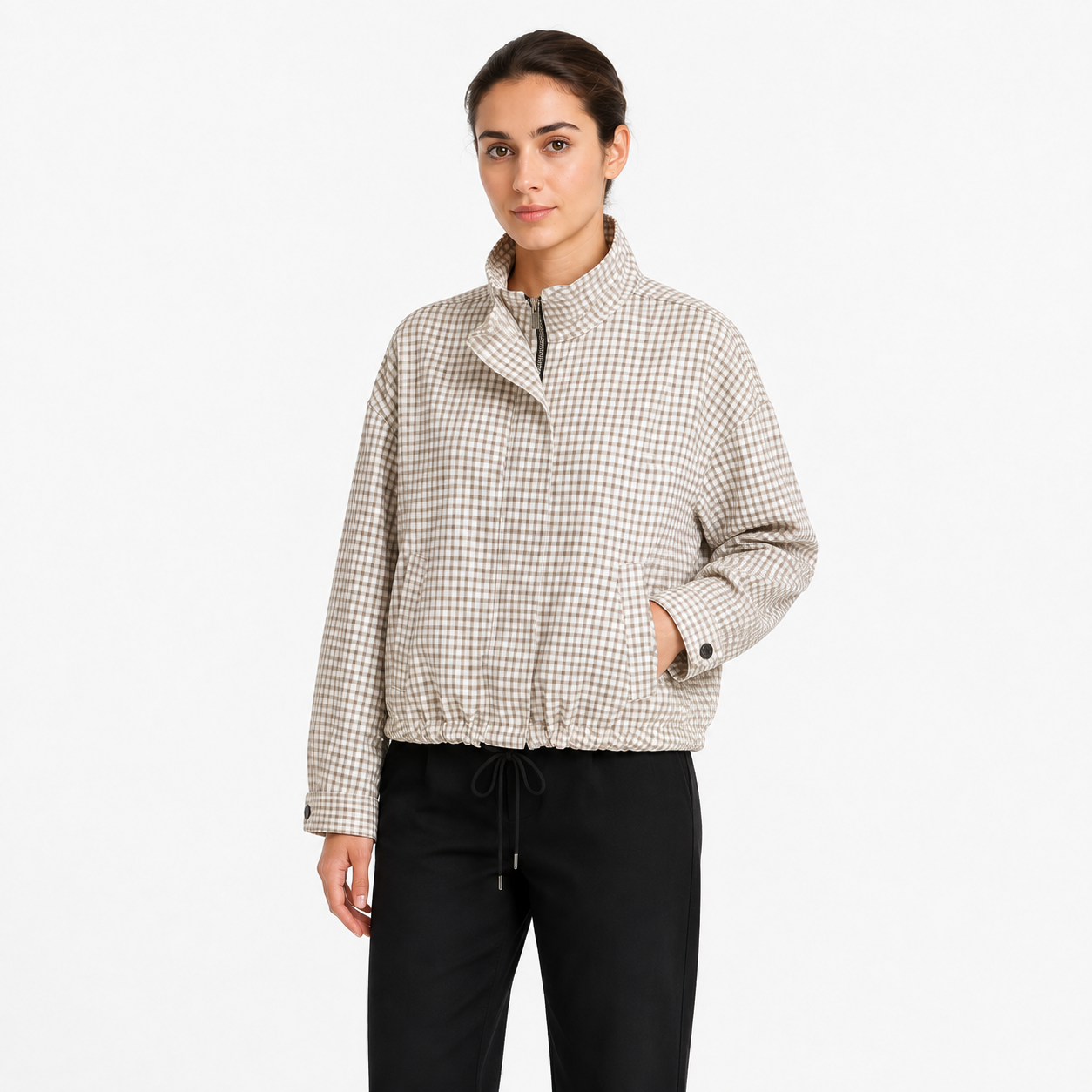 Veste légère femme à carreaux avec col montant