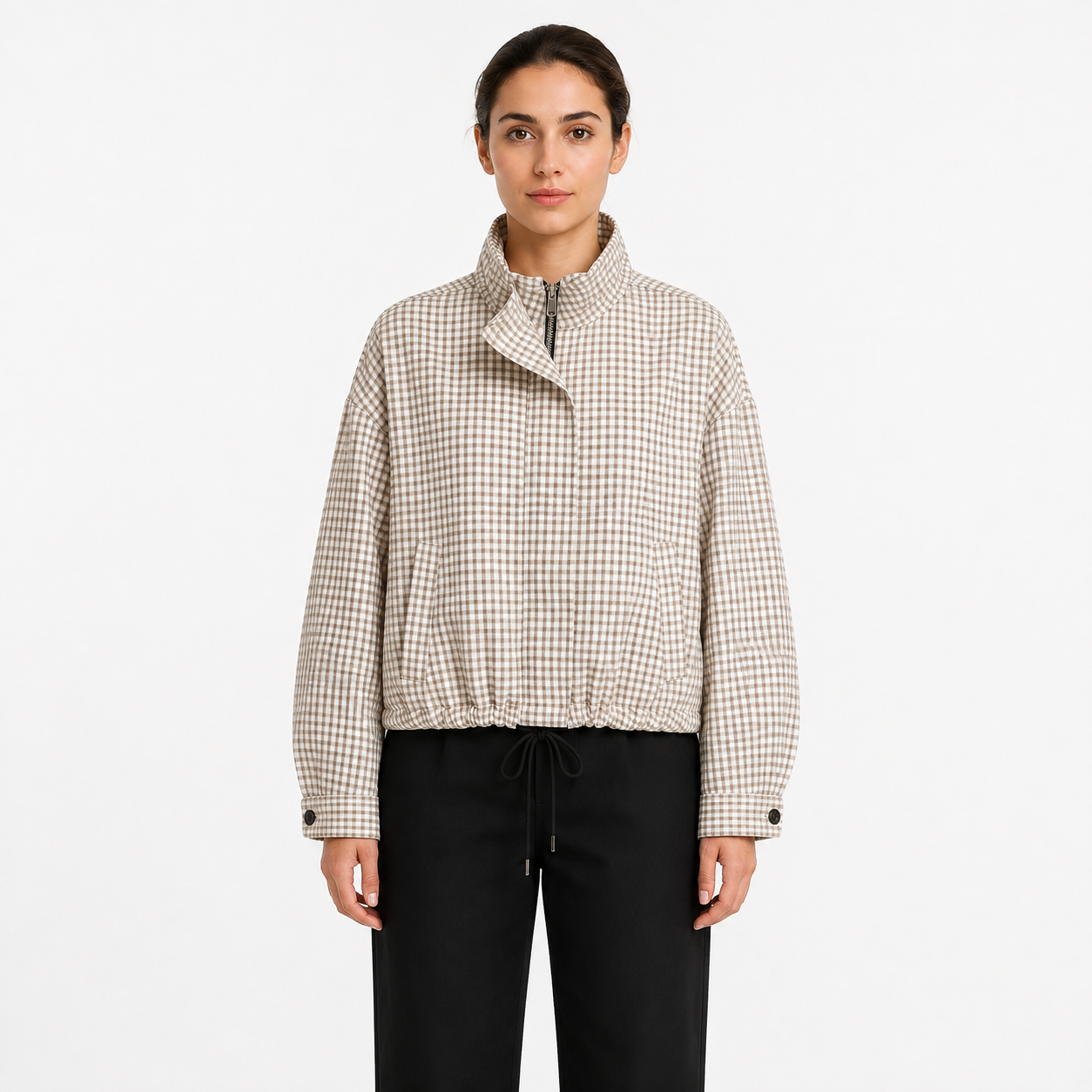 Veste légère femme à carreaux avec col montant