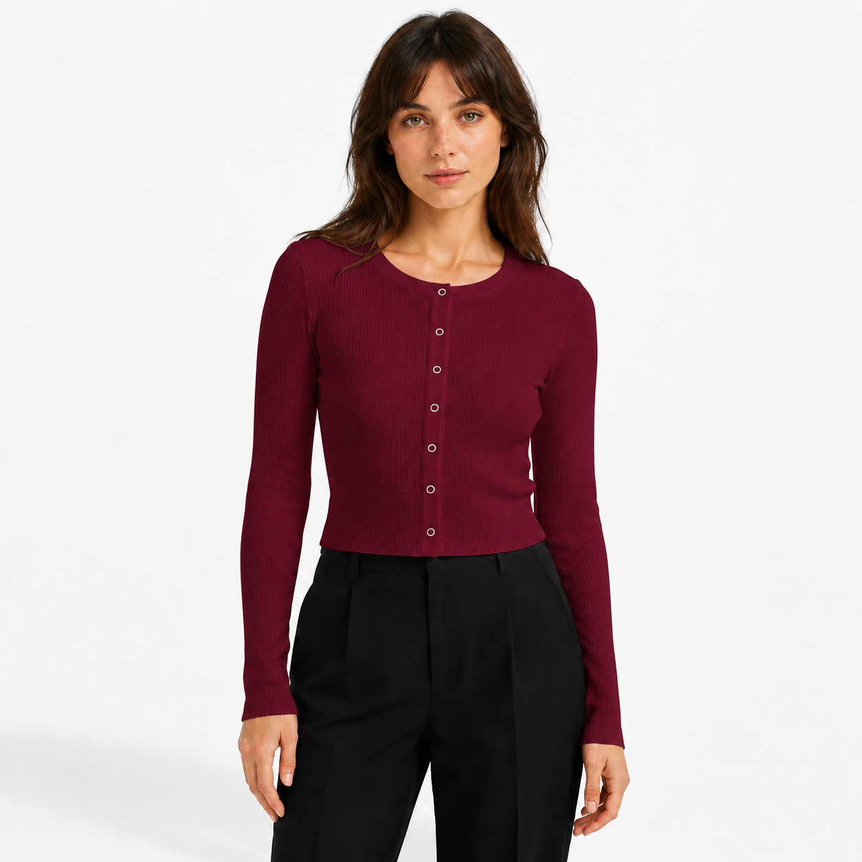 Gilet Court Femme en Maille Côtelée à Boutons-Pression