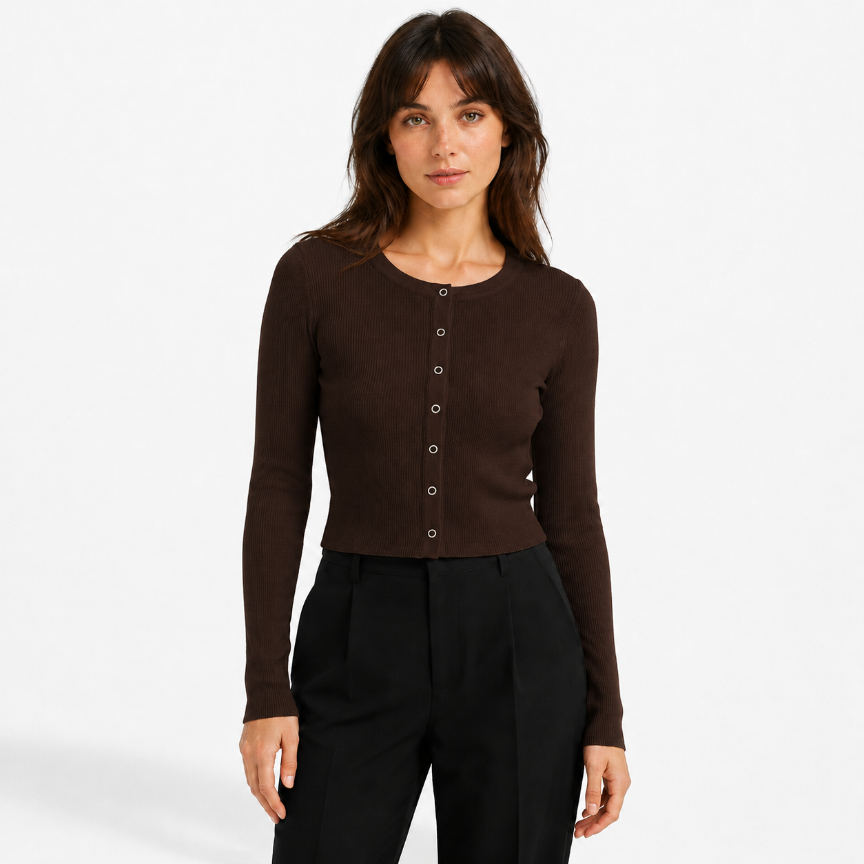 Gilet Court Femme en Maille Côtelée à Boutons-Pression