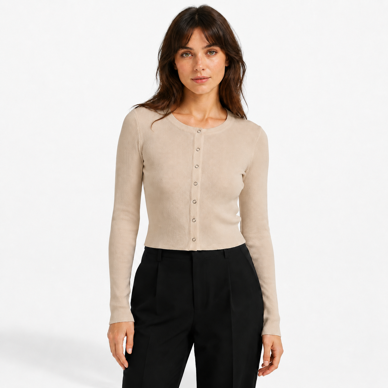 Gilet Court Femme en Maille Côtelée à Boutons-Pression