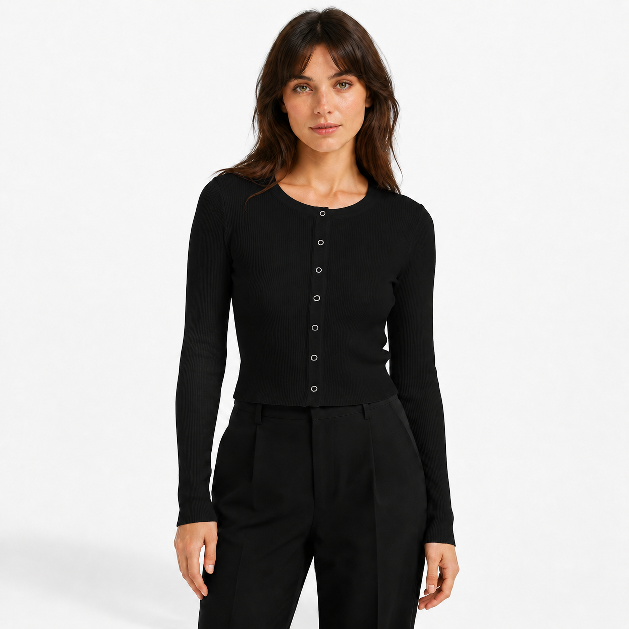 Gilet Court Femme en Maille Côtelée à Boutons-Pression