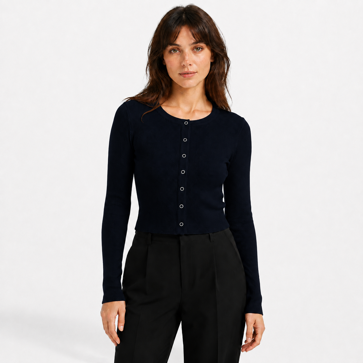 Gilet Court Femme en Maille Côtelée à Boutons-Pression