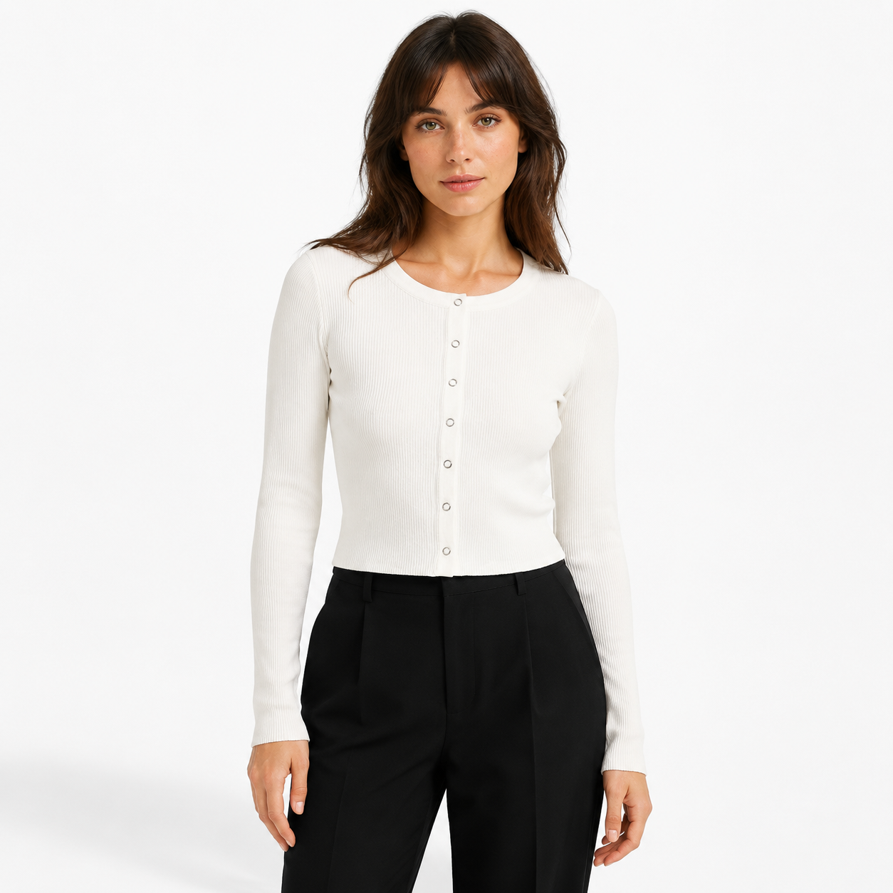 Gilet Court Femme en Maille Côtelée à Boutons-Pression