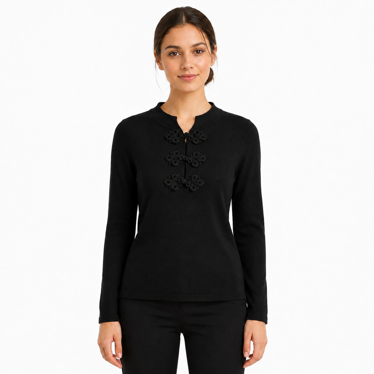 Pull Femme en Maille Fine à Attaches Chinoises Décoratives