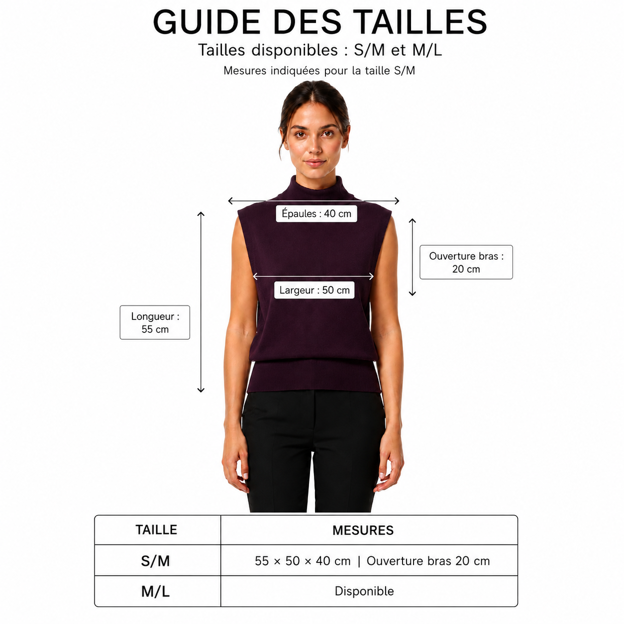 Pull sans manches col montant et dos ouvert à boutons