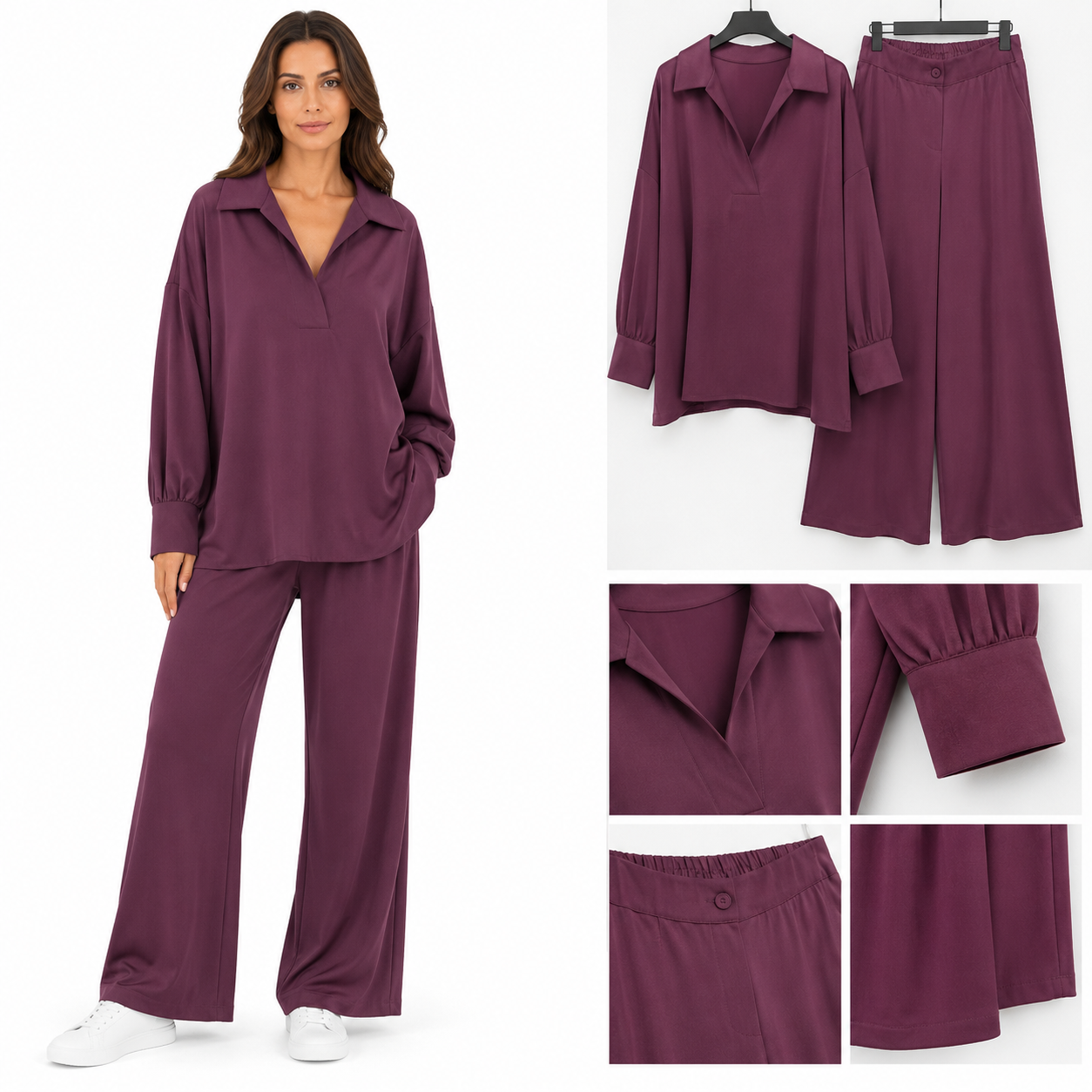 Ensemble Femme Oversize – Blouse Col V Manches Longues & Pantalon Fluide Large – Taille Unique 36 à 46