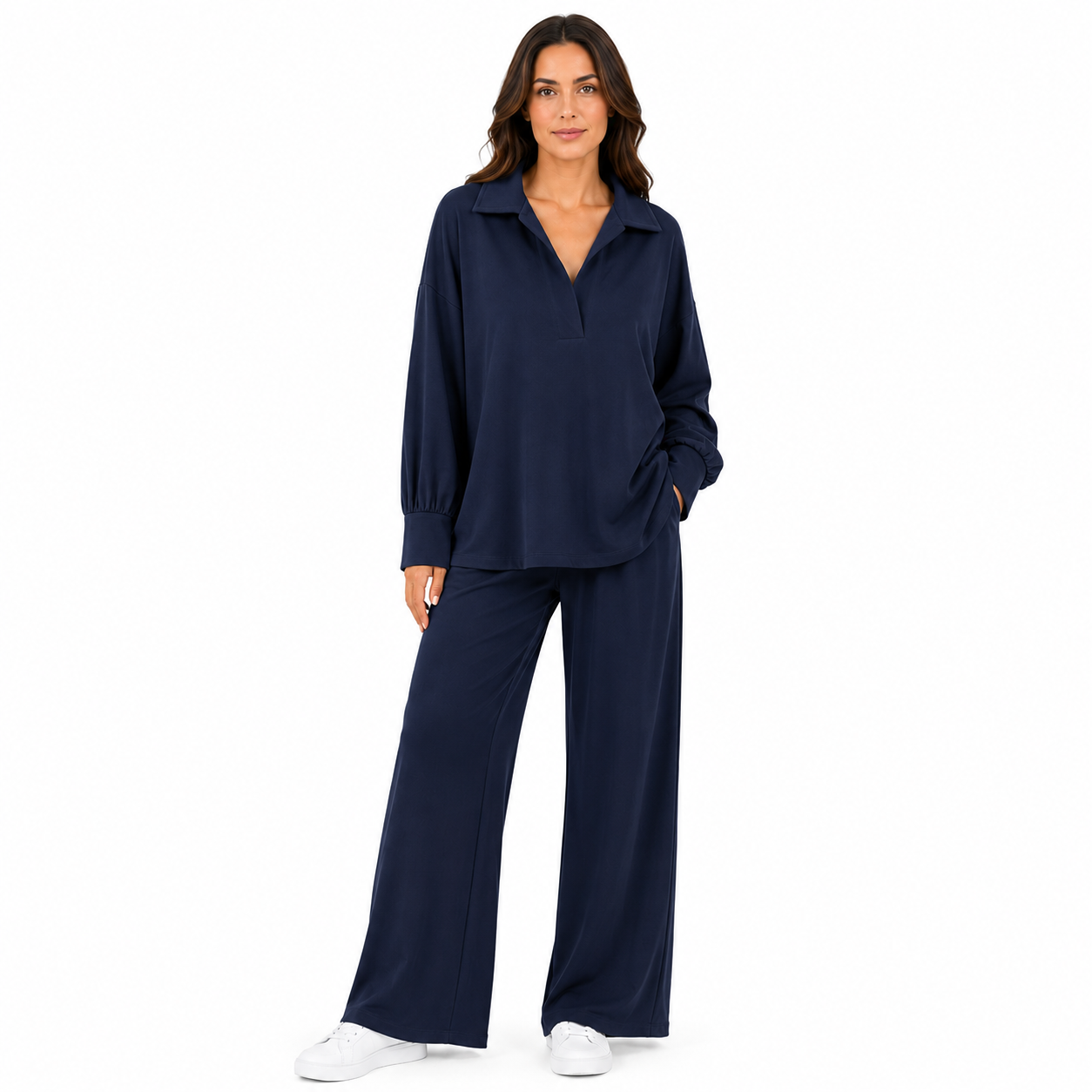 Ensemble Femme Oversize – Blouse Col V Manches Longues & Pantalon Fluide Large – Taille Unique 36 à 46
