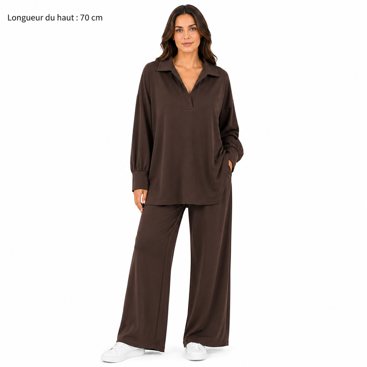 Ensemble Femme Oversize – Blouse Col V Manches Longues & Pantalon Fluide Large – Taille Unique 36 à 46